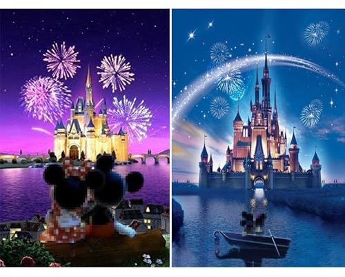 HORPKUN 2 Pack Diamond Painting Kits for Adults and Kids, 40x30cm Castle Fireworks 5D DIY Full Drill Crystal Dot Art on High Viscosity Waterproof Canvas, Embroidery Craft Gifts