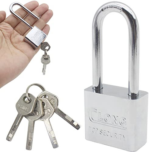LRMYS Heavy Duty Steel Long Shackle Padlocks, Outdoor Waterproof Steel Safe Padlock with 4 Keys for Travel Bags Cabinets Gym Lockers Toolbox Garden Shed Garage Fence Storage Units, Silver 1 Pack