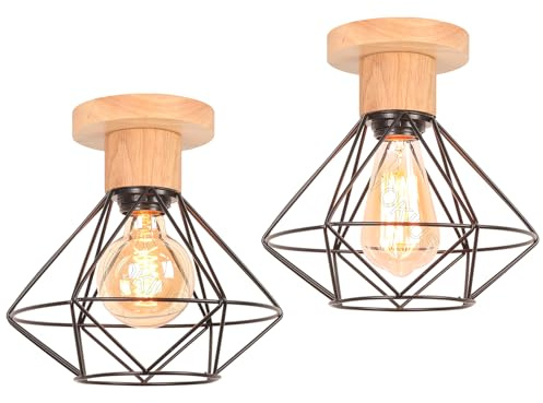 TOKIUS 2x Deckenlampen, 22CM Vintage Deckenleuchte im Industrial Design Retro E27 Lampe aus Holz und Eisen Käfig Pendelleuchte Schwarz (2 Stücke Decke)