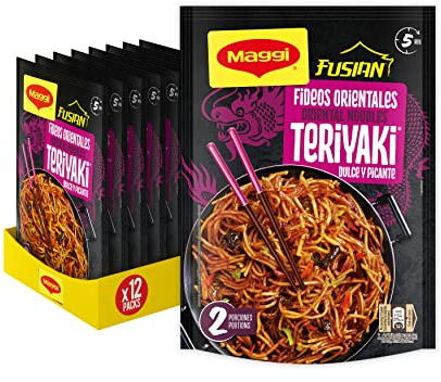 Maggi Fried Fusian Noodles Teriyaki pack 12x130 g | Fideos Pasta Orientales Dulce y Picante. Noodles de trigo sabor teriyaki fáciles de preparar para recetas rápidas.