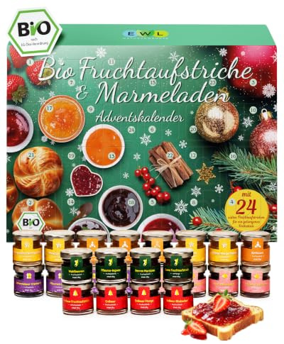 EWL BIO Adventskalender 2026 | Frühstücksgläschen Marmeladen & Konfitüren | Weihnachtskalender in BIO-Qualität: 24 köstliche, abwechslungsreiche, süße Fruchtaufstriche in Gläsern