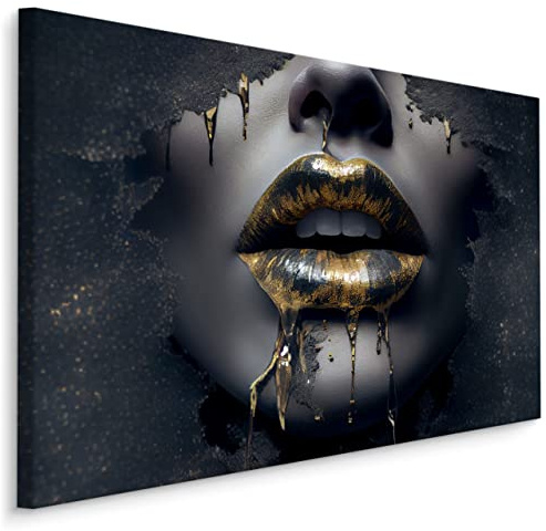 Muralo Wandbilder Gesicht, Goldene Lippen, Frau, Modern Vintage - 70x50 cm | Leinwandbild, Stilvolles Design, Aufhängefertig, UV-beständig - ideal für Wohnzimmer, Schlafzimmer und Büro