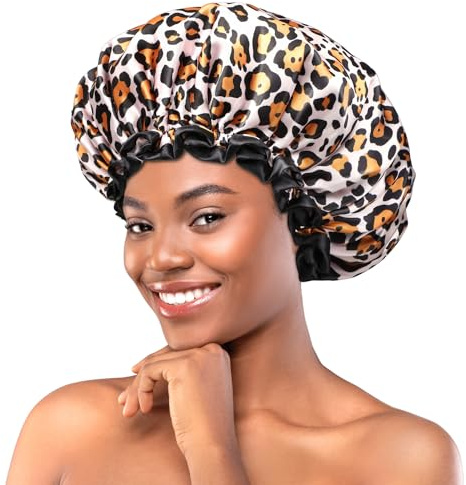 mikimini Große Duschhaube für Damen, Modische Leoparden-Muster, Wasserdicht und Wiederverwendbar, Ideal für Langes und Dickes Haar sowie Zöpfe, 2 Stück
