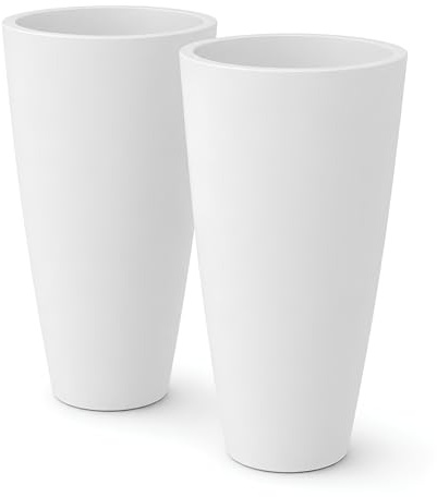 Nicoli Vaso Alto Style 36x70 cm – Vaso Decorativo da Interno ed Esterno in Plastica Resistente – Vaso per Piante con Sottovaso Estraibile – Vasi da Esterno per Fiori e Verde – 2 Pezzi Colore Bianco