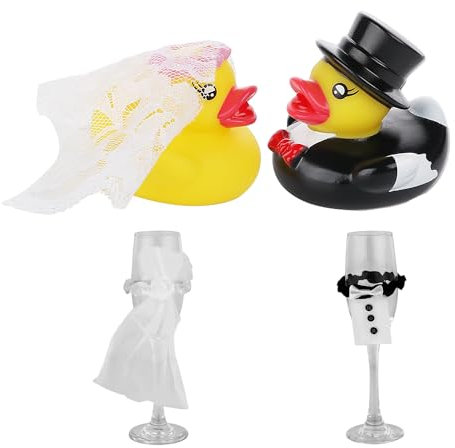 1 par de patos de goma para boda, 2 juegos de tazas, patos para decoración de bodas, par de patos de goma, regalos de boda, decoración de ambiente, adornos decorativos, juguetes de baño
