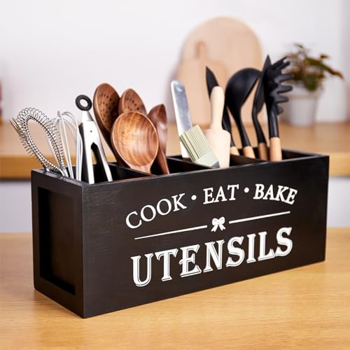 WDT Tool Utensil holder for Kitchen Counter Large Round Utensils Holder with Wooden Base Matte Black Cooking Utensil Holder，Kitchen countertop Utensil Organize (Black-4 Compartments)