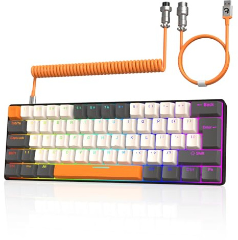 ZIYOU LANG T60 Gaming Tangentbord Trådbundet med USB C Spiral Kabel, Kompakt 60% UK Layout(QWERTY), 19 Rainbow RGB LED Light Up Mekaniskt Tangentbord Brown Switch Mini 62 Keys för PC-MilkTea