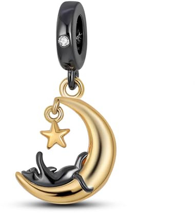 DGAYU Katze Charm Anhänger, 925 Sterling Silber Emaille Armband Perlenanhänger, Schwarz und Gold Katze, Katze auf den Sternen und Mond, Geschenk für Frauen
