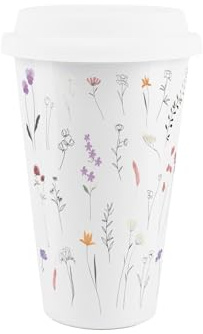 Line Flowers Ceramic Travel Mug - Delicate Floral Meadow Reusable Silicone Lid Double-Walled Insulated Hot/Cold Drinks Tea Coffee Gift Mug