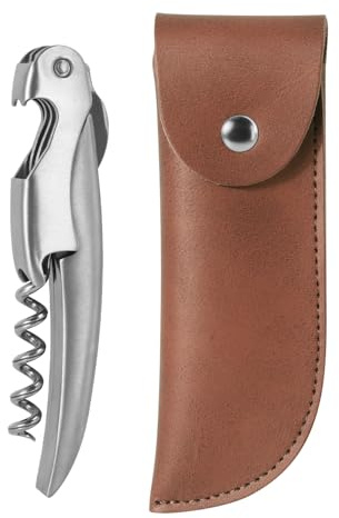 ELMWAY Sleek Waiter’s Corkscrew by ELMWAY - Stainless Steel Manual Wine Opener with Foil Cutter & Beer Bottle Opener, Durable Wine Key with Genuine Leather Case & Gift Box for Wine Lover