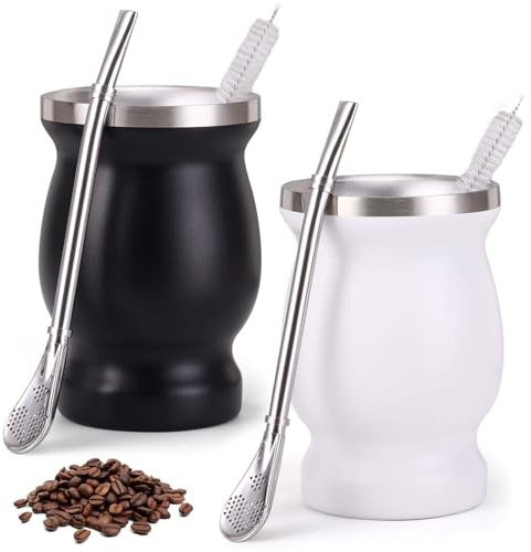 Lot de 2 tasses à maté, avec cuillères et brosse de nettoyage, en acier inoxydable, passent au lave-vaisselle, durables, pour la cuisine, le restaurant, le café (noir + blanc)