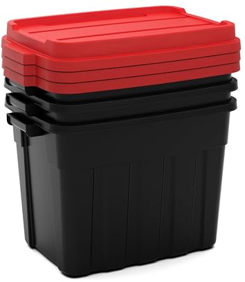 Keter Tuff Box 3x 68L Storage Boxes with Lid, Durable, Water Resistant, Large Capacity, Stackable, Black/Red