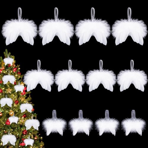 Becellen 12 Pezzi Ali d'angelo di Natale, Bianche Decorazioni Natalizie da Appendere Ali di Angelo Piuma Ornamenti per Albero di Natale