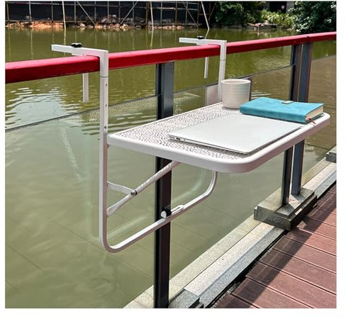Postazione di lavoro pieghevole da appendere con 3 altezze regolabili per esterni e interni, salvaspazio, giardino, patio, balcone, ringhiera, terrazza, mensola organizer