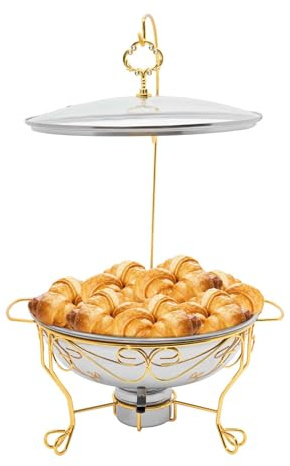 KLOOLIVE Speisenwärmer Chafing Dish 6L Rund Warmhaltebehälter Edelstahl Buffet Behälter Wärmebehälter Catering Buffetwärmer Deckel kann Aufgehängt für Hotels Bankette Partys Hochzeiten (Gold)