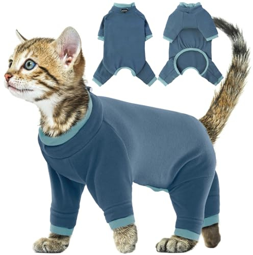 Fleece Katzenpullover, Mantel für Katzen Weiche Winter Kleidung Katzen-Pyjama Overall Rollkragen Kaltwettermäntel Herbst und Winter Kätzchenkleidung(Blau-grau, S)