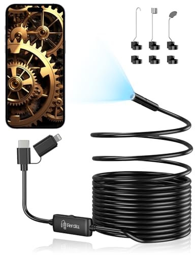 Endoscope Inspection Camera, Ferdiiz 1920P HD Borescope Camera, 16.4ft Semi-Rigid Snake Endoscope with 8 Adjustable LED Lights, IP67 Waterproof Drain Pipe Borescope Gadgets Tool for iOS9+ Android 6+