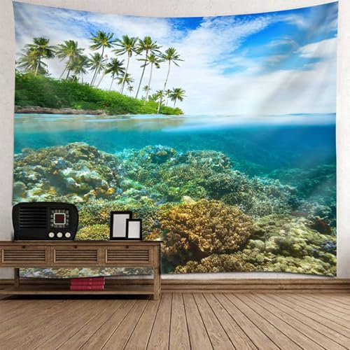 Musihy Palmenstrand Wandteppich | Polyester Palme Unterwasserlandschaft Wandbehang Dekoration für Wohnzimmer Schlafzimmer & Schlafsaal | Blau Grün, 300x256cm