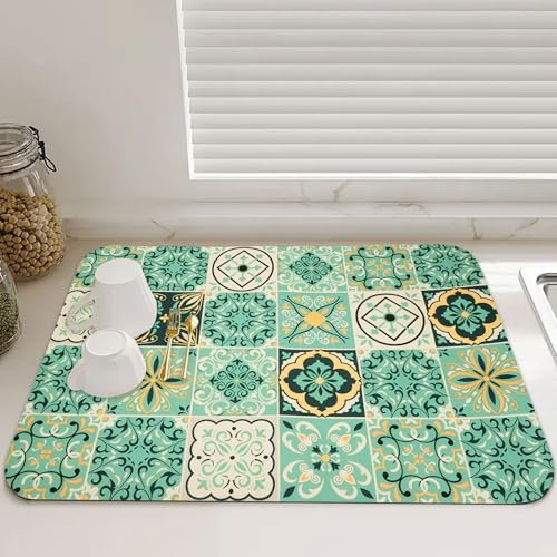Alfombra Cafetera, 40 x 50cm Alfombrilla de Goteo para Cafetera, Secado Rápido Cafetera Alfombrilla, Cocina Estera Antideslizante de Drenaje, Alfombrilla Escurreplatos Multifuncional (Verde)