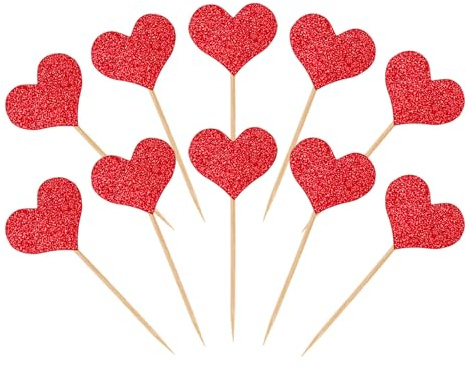 Bliceon Cupcake-Topper in Herzform mit rotem Glitzer, 50 Stück – Valentinstag-Kuchendekorationen, Hochzeits- und Verlobungs-Picker, Brautparty und Geburtstagsparty-Zubehör, gemischte Größen für süße