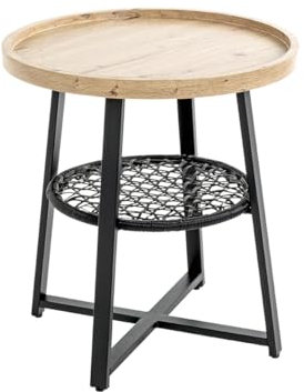 Beistelltisch >54461< Beistelltisch in Eiche und Schwarz, modernes Design aus MDF und pulverbeschichtetem Metall, Ø 50 cm, max. Belastbarkeit 25 kg, mit zusätzlicher Ablage in Rattan-Optik