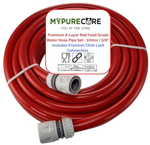 MYPURECORE Red 10mm 3/8 Hot Water Hose Pipe – Heat-Resistant Drinking Water Hose with Connectors – Flexible PVC Tubing for Caravan, Motorhome, Campervan, Boat & Garden – Non-Toxic & Safe (5m)