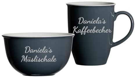 LUXENTU Frühstücks-Set Doppio mit Gravur, Becher & Schale, Anthrazit | Personalisierter 320 ml Kaffeebecher mit 520 ml Müslischale aus Porzellan, 2-zeiliger Gravurbereich, Geschenkidee