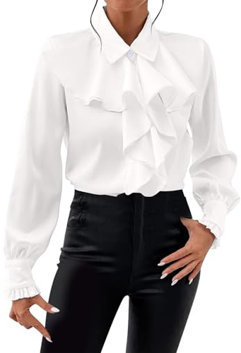 AruMinna Camicia in raso per donna con fiocco e volant a strati, tunica con maniche lunghe, scollo a V, abbottonatura e blusa vittoriana, bianco, L