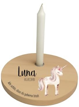 minimutz Geburtstagsteller Holz für Kinder, Personalisiert mit Name, Kerzenteller buntes Motiv Boho Einhorn, Geburtstagskranz Set mit Kerze, Alternativer Geburtsagszug