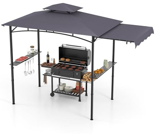 HOMASIS Gazebo per Barbecue con Tettoia Laterale, Pergolato da Giardino con Doppio Tetto, 2 Tavoli e Ganci, Pergola Addossata per Esterno, Gazebo per griglia/BBQ (Grigio Scuro, 318 x 153 x 250 cm)
