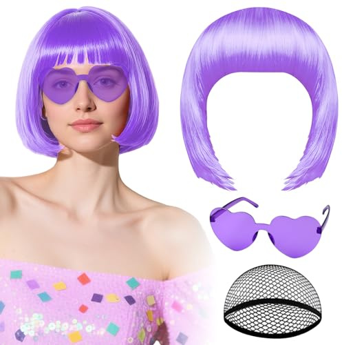 Parrucca viola chiaro con occhiali da sole a cuore e cuffia per capelli da donna, parrucche corte PLULON, sintetiche, colorate, divertenti, per cosplay, costumi di Halloween da addio al nubilato