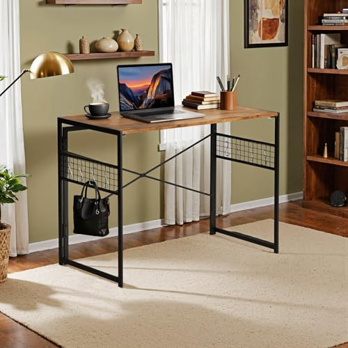 FurnitureR Schreibtisch faltbar 100x50cm - Homeoffice Tisch mit Stahlrahmen & Organisations-Gitter, 50kg, klappbar 5,5cm (Braun Holzoptik)