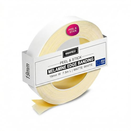 WoodPress® 19mm Matt White Peel & Stick Edging Tape - 7.5m Self-Adhesive Melamine Trim - Veneer Strip w/Sticky Backing - Easy DIY Fix (No Iron On) Edge Banding for Repair to Worktop, Shelf, Cabinet