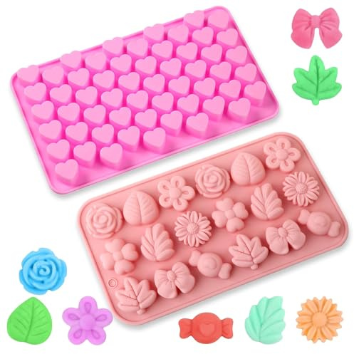 2 Pack Silicone Chocolate Moulds, Mini Heart, Flower, Bow and Leaf Shapes | 2 reusable silicone moulds with heart, flower, bow and leaf cavities; for chocolate, sweets, gummies, ice cubes and baking
