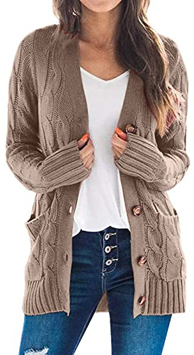 Generisch Strickjacke Damen, Strickjacke Damen Lang Cardigan Grobstrickjacke Herbst Winter Strickjacken Elegant Mit Taschen Audknöpfen Open Front Sweater Langarm Pullover Übergroße Strickmantel, Rosa