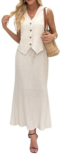 Fakanhui Tenue 2 pièces en lin pour femme avec jupe longue, gilet, gilet, costume d'affaires, décontracté, vacances d'été