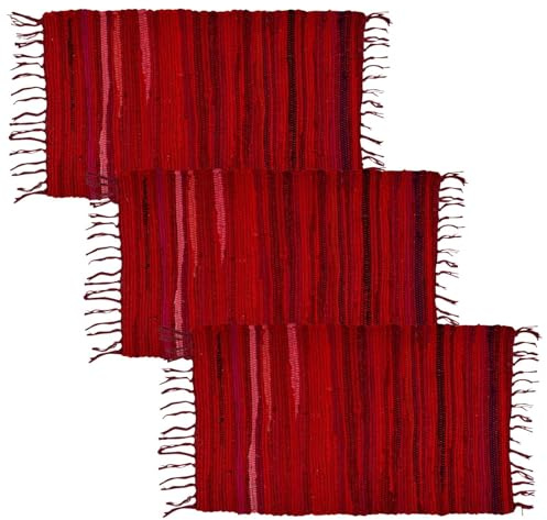 MARRAKESCH - Set di 3 tappeti in tessuto a mano in cotone Rug piccolo, 50 x 90 cm, motivo a strisce boho in cotone con frange, per soggiorno, cucina, corridoio