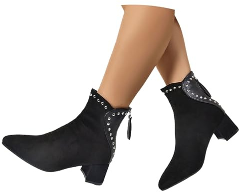 Damankelstövlar Med Leopardmönster Eleganta Chelsea Korta-stövlar Med Blockklack Vintage Ankelboots I Mocka Spetsiga Stövlar Med Nitar Brittiska Ankelskor Med Dragkedja(Black,41 EU)
