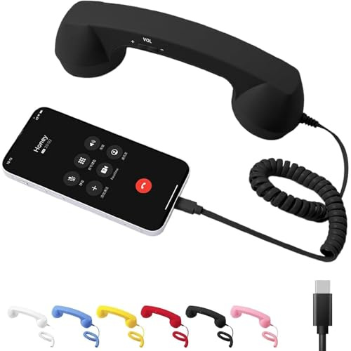 Retro Phone Handset, Type-C Telephone Style Landline Handle Receiver, Vintage Telephone to Landline Adapter, Connect to Cell Phones for Cell Phones Radiation-Proof Comfortable Call (Black)
