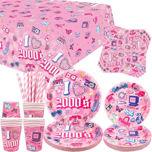 Y2K Party Supplies - 2000s Party Tableware - Dinner Plates Desserts Plates Cups Napkins Tablecover Straws for 00s Girls Women Bachelorette Pink Birthday Party Supplies, Serves 20