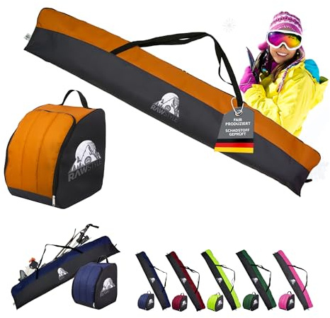 Skidset – pjäxväska 40 x 42 x 30 cm – skidväska, vattentät vintersportväska med dragkedja – skidförvaringsväska för skidor, pjäxor, hjälm och handskar (svart-orange 180 cm)