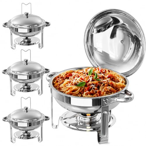 TLGREEN Lot de 4 Buffets Chauffants Ronds, Chafing Dish Rond 4X5L, Chauffe-Plats en Acier Inoxydable, Chauffe Plat Buffet, Chafing Dish Buffet pour Traiteurs, Buffets, Fêtes de Noël et écoles.