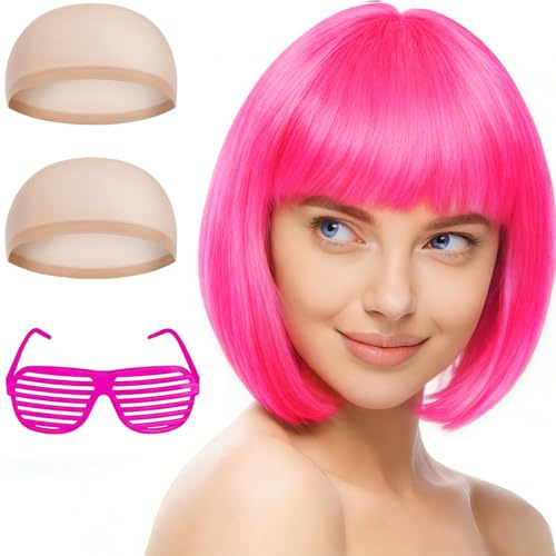 Aomig kort bob-peruk för kvinnor, 4-pack kort ros röd bob-peruker set med 2 perukkepsar och solglasögon, neon maskeradtillbehör cosplay med lugg, syntetisk rak för daglig halloweenfest