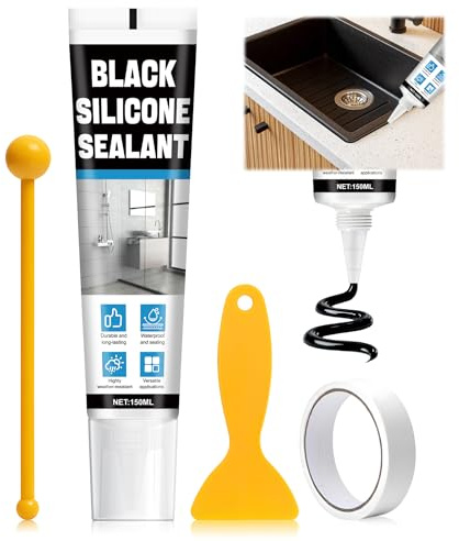 ALLONY Joint Salle de Bain, 150ML Silicone Noir, joint de Douche, Lavabo Salle de bain, Bonne ÉtanchéIté, Forte Adhérence, Joints Douches pour Bains, douche, Cuisines, Comptoirs, Fenêtre, Mastic Noir