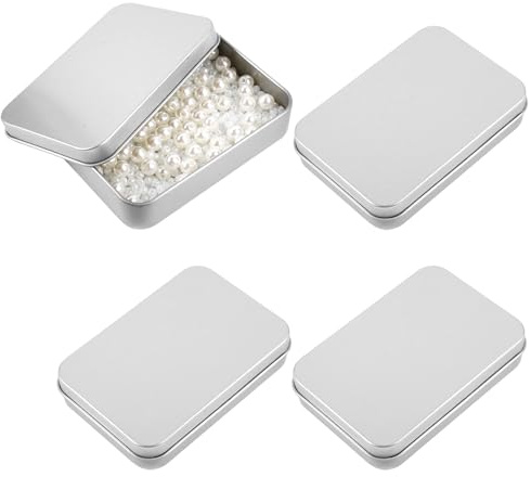 4 stycken silvermetallburkar plåtburkar med lock, 10 × 7 cm rektangulär liten plåtburk metall, metallburk liten, metall tin-boxbehållare, för godis nyckel örhängen kexmynt spelkort