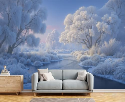 GSAEIMCT Papier Peint Photo Blanc Arbres Buissons Panoramique 3D Paysages D'Hiver Murale Salon Tv Fond Mur Chambre Salle À Manger Coucher Maison Décoration Intérieure,300X210Cm