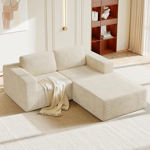Vesgantti 202 cm Modulares Ecksofa L-Form, 2-Sitzer Cord Sofa mit Federkern, Extra Tiefe Sitzfläche, Komfortables Polstersofa mit Ottomane, Ohne Montage, Rutschfester Boden, Beige