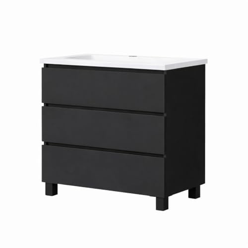 Baikal Mueble de Baño REN. 80cm Negro. Incluye Lavabo. Entrega Montado. Mueble con Patas. 3 Cajones con Cierre Amortiguado.
