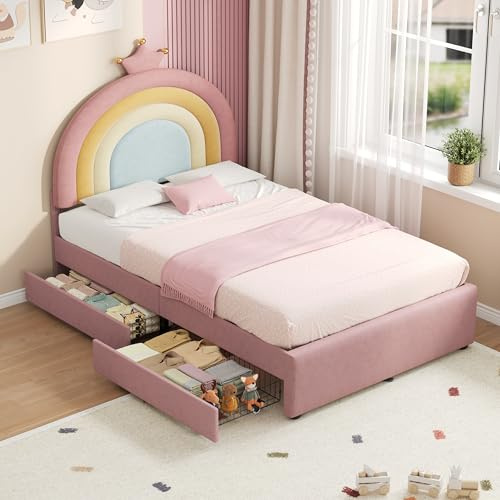 Merax 3FT Single Upholstered Bed Frame,Velvet Kids Bed with Storage Drawers, Pink Girls Single Bed,Adjustable Rainbow Crown Headboard,No Box Spring Needed (No Mattress)