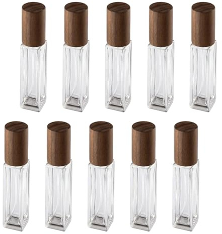 Icetop Perfume Atomiser, 10 Pcs 10ml Refillable Glass Travel Bottles | Walnut Wood Cap Portable Fragrance Spray Leakproof Empty Atomiser with Micro-Mist Nozzle Unique Shapes for Perfume
